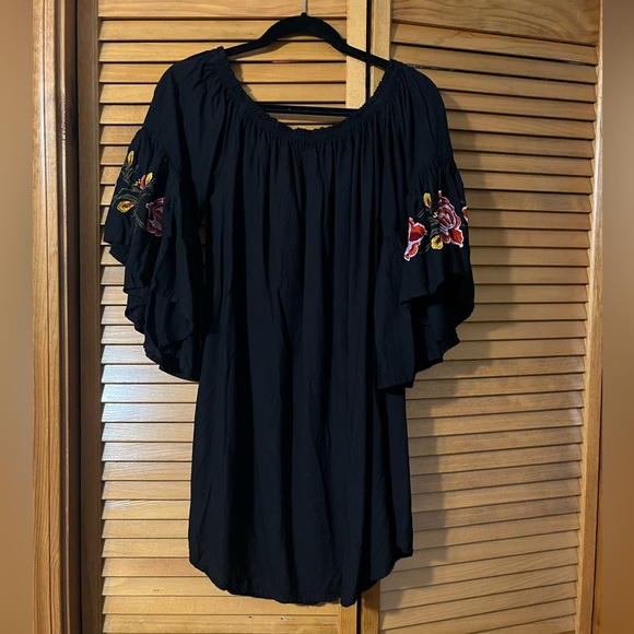 feathers Tops - Feathers Black Floral Embroidered Mini Dress